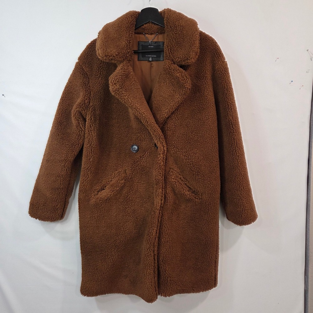 Lucky Brand Womens S/P Teddy Coat Brown Faux Shearling Double Breasted Long
